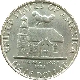 Old Swedes Church depicted on the 1937 Delaware Tercentenary half dollar coin