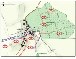 Colour map image depicting town and wood to the right of the town. Shows main access routes and positions of Allied and German forces on 14 July 1916