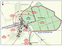 Colour map image depicting town and wood to the right of the town. Shows main access routes and positions of Allied and German forces on 16 July 1916