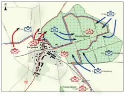 Colour map image depicting town and wood to the right of the town. Shows main access routes and positions of Allied and German forces on 17 July 1916