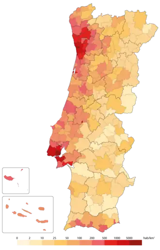 Population density by municipality in Portugal (2020).