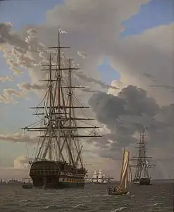 The Russian ship of the line 'Assow' and a Frigate at Anchor in the Roads of Elsinore, Christoffer Wilhelm Eckersberg, 1828