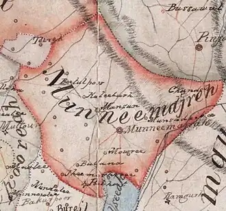 Detail of the main, continuous tract of territory of Manimajra State from a map created by the British East India Company, ca.1829–1835 (not including its exclaves viewable on the full-map)