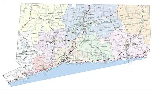 Image 26A map of Connecticut featuring highways and major routes alongside airports, buses, ferries, and railways. (from Transportation in Connecticut)