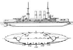 Side and top views of a large ship with a large gun turret on either end and an array of smaller guns along its side. Three tall smoke stacks stand in the center of the vessel, between two heavy masts.