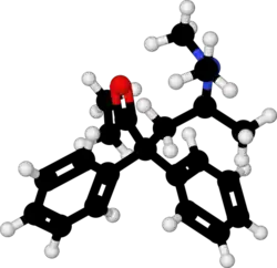 Ball-and-stick model of the less active dextromethadone.