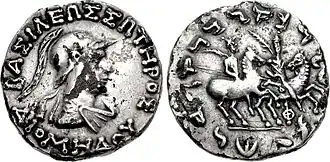 Another silver coin of Diomedes. The Obverse showing the King wearing a Boeotian helmet with a diadem, with the Greek legend on the outside. The reverse shows the Dioscuri riding horses, and the Kharoshti legend on the outside.