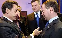 Yanukovych, Nicolas Sarkozy and Dmitry Medvedev before the beginning of the Nuclear Security Summit, 2010