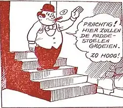 Doris Dobbel in his wine cellar. Gag from the early 1950s. Translation from his speech balloon: "Wonderful. Here will the mushrooms grow, this big!".