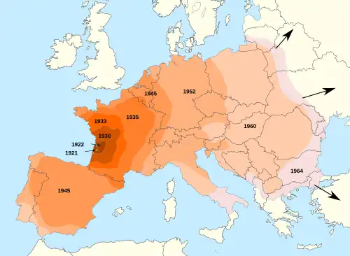 Expansion of the Colorado potato beetle's range in Europe, 1921–1964