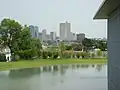 View from museum looking over reflecting pool toward downtown Fort Worth.
