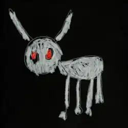A drawing of a grey dog with red eyes against a black background, originally hand-drawn by Adonis Graham.