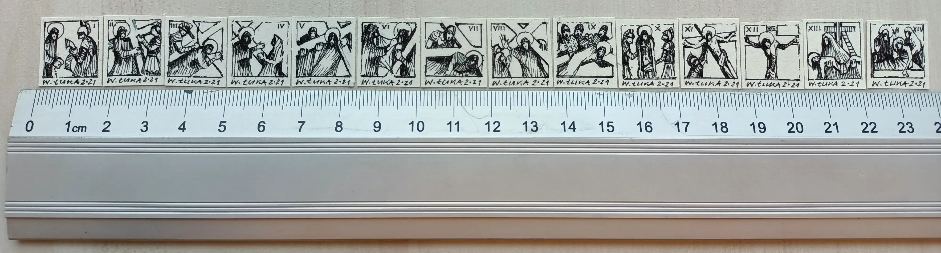The Stations of the Cross (is one of the smallest in the world);[7][45][46] 2021; black ink on paper; a set of the traditional 14 scenes (14 squares 15&nbsp;×&nbsp;15 mm), by Wojciech Łuka.[33][22]