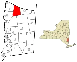 Left: Map of Dutchess County, New York with Milan highlighted. Right: Map of New York State with Dutchess County highlighted.