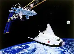 Painting of spaceplane departing Space Station Freedom