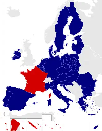 Map of the European Parliament constituencies with France highlighted in red