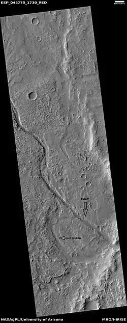 Channel showing an old oxbow and a cutoff, as seen by HiRISE under HiWish program. Location is Memnonia quadrangle.