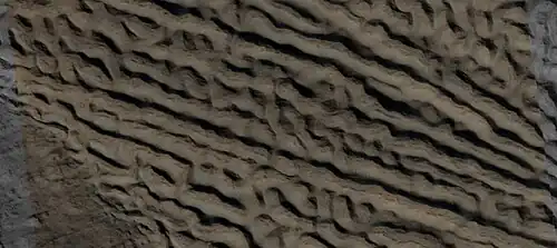 Close view of lineated valley fill (LVF) in valley, as seen by HiRISE under HiWish program. Linear valley flow is ice covered by debris. Picture is about 1 km wide. Lineated valley fill is generally considered to be and example of a glacier, as it involves the movement of ice.