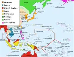 East Asia and Oceania, in 1914. Notice the European colonies in the region.