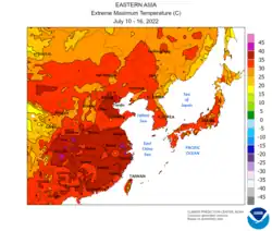 A map showing extreme temperatures in East Asia from 10 to 16 July 2022.