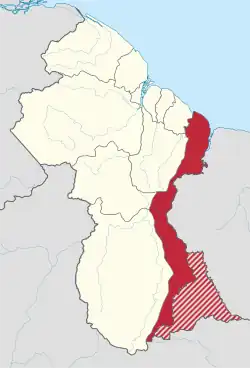 Map of Guyana showing East Berbice-Corentyne region