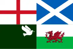 The dove flag as part of a combined Home Nations flag, which was carried by Izzard in the Sport Relief Mile event in London on 21 March 2010.[23]