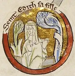 Circular-spaced miniature of Edith, pictured in the centre with her hands raised and flanked by plant-like objects