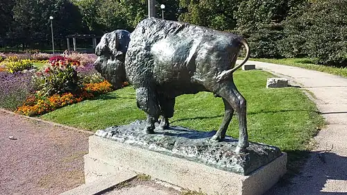 Bronze Bison Sculpture at Humboldt Park Formal Garden in Chicago