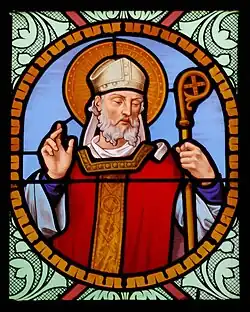 Saint Samson depicted in stained glass in the Saint Samson church