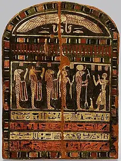 Stela of Nacht-Mahes-eru; 664–610&nbsp;BC; polychromy on wood; 42 × 31.5 × 3.5&nbsp;cm; National Museum in Warsaw (Poland)