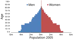 Population pyramid of Egypt in 2005. Many of those 30 and younger are educated citizens who are experiencing difficulty finding work.