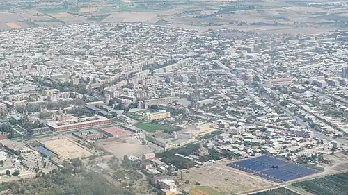 An aerial view Vagharshapat and its churches (see locations marked). Hripsime is on top right corner.