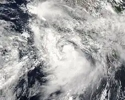 A photograph of a tropical storm near the Pacific coast of Mexico
