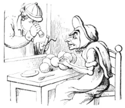 Caricature of a seated woman making apple dumplings, a man leaning in a window watching through a monocular