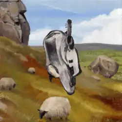 A painting of sheep on a hillside with a blue sky in the background and an abstract figure in the middle of the image