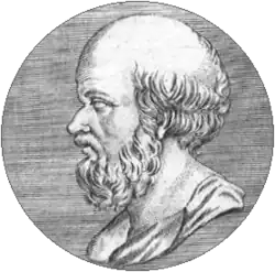 An etching of a man's head and neck in profile, looking to the left. The man has a beard and is balding.