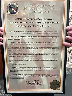 A statue recognizing March 31st as a day of remembrance to the March 31st Cleveland Hill School District Fire.