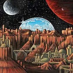 A drawing of a city built into a mountainscape on another planet with a domed city in the background