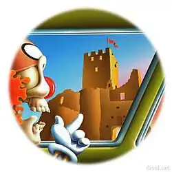 A skeleton clown riding in a bus and looking out the window at a castle