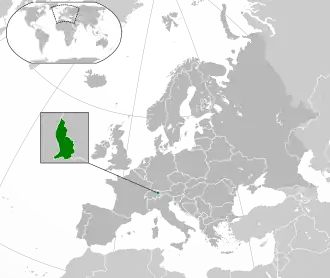 Location of Liechtenstein (green) in Europe (agate grey)  –  [Legend]