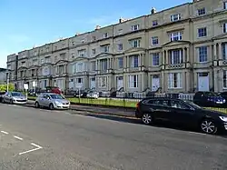 Evelyn Terrace, Lansdown Terrace, Evelyn Court, Regan House, attached railings and mews archway