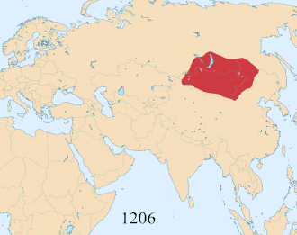 Expansion of the Mongol Empire across Eurasia between 1206 and 1294, with modern political boundaries superimposed