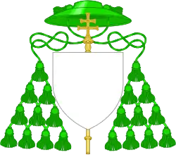Galero vert with ten tassels per side, used by archbishops in place of a helmet (and patriarchal cross)