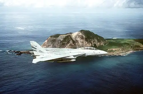 F-14A of VF-154 while attached to CVW-5 in 1994. This aircraft is flying over Mount Suribachi in Japan.