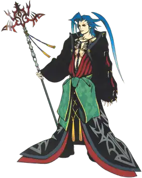 An illustration of a fictional character. He is a tall adult male wearing a uniform consisting of dark blue robes, red trimmings, and a green sash. His robes expose his chest, which is tattooed. His hair is blue and has two long locks in the back and one large bang in the front. He also wields a bright red staff in his right hand.