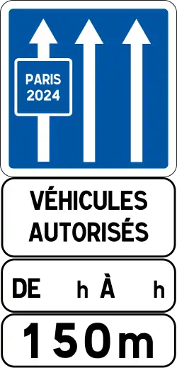Traffic sign restricting the travel on a road for authorized vehicles for 150 m on a designated time