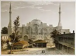 Main (western) façade of Hagia Sophia, seen from courtyard of the madrasa of Mahmud I. Lithograph by Louis Haghe after Gaspard Fossati (1852).