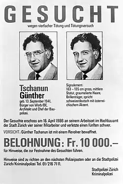 Black and white wanted poster in German, with two photos of Tschanun with and without his glasses