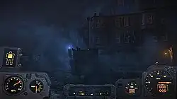 A screenshot of the gameplay in Fallout 4, with the player in a foggy environment with the Power Armor HUD.