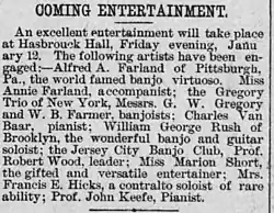 Ad naming banjoists at New Jersey concert, 23 December 1893